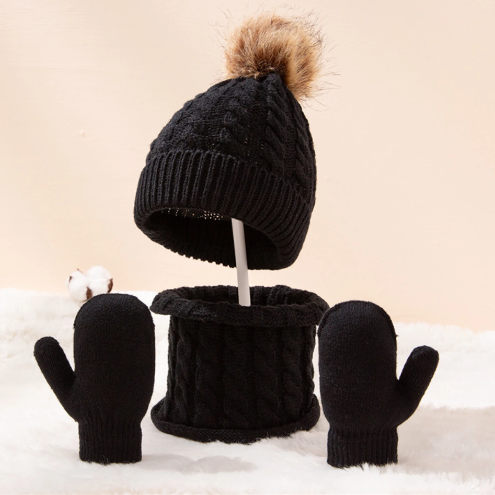Knitted Hat Kids Knitted Set 3PCS/Set Kid Winter Hat Scarf Mittens Set Toddler Knitted Girls Children Neck Warmer Boys Wool Outdoor Warm Skin-Friendly Gloves
