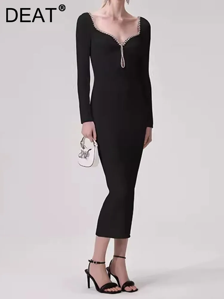 

Женское трикотажное платье с квадратным вырезом DEAT, облегающее платье средней длины с длинным рукавом и открытой спиной, 13DBK200, осень 2024