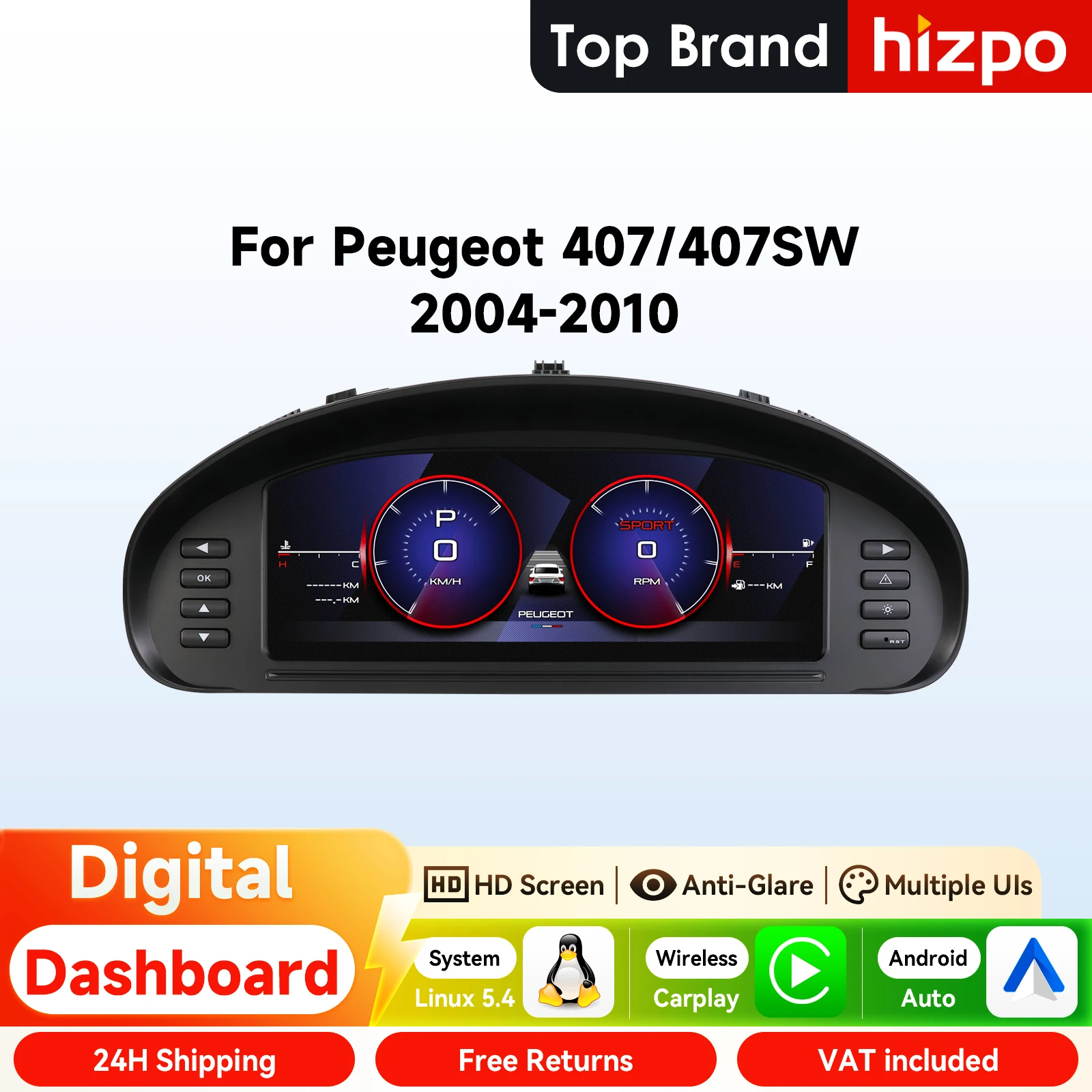 Panel de Instrumentos Digital Hizpo de 10.25 Pulgadas para Peugeot 407 407SW 2004-2010, Pantalla LCD, Cabina Virtual, Android Auto, Sin Radio para Auto 1
