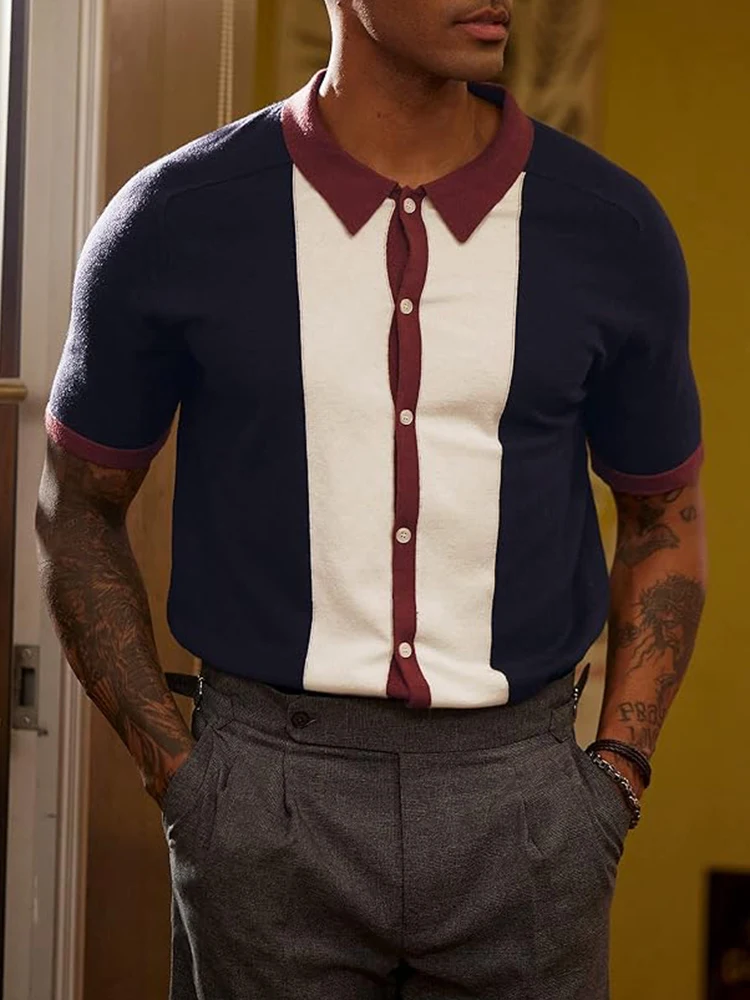 

Рубашка мужская Трикотажная в полоску, повседневная трикотажная приталенная, с отложным воротником, на пуговицах, с короткими рукавами, в стиле пэчворк, контрастных цветов