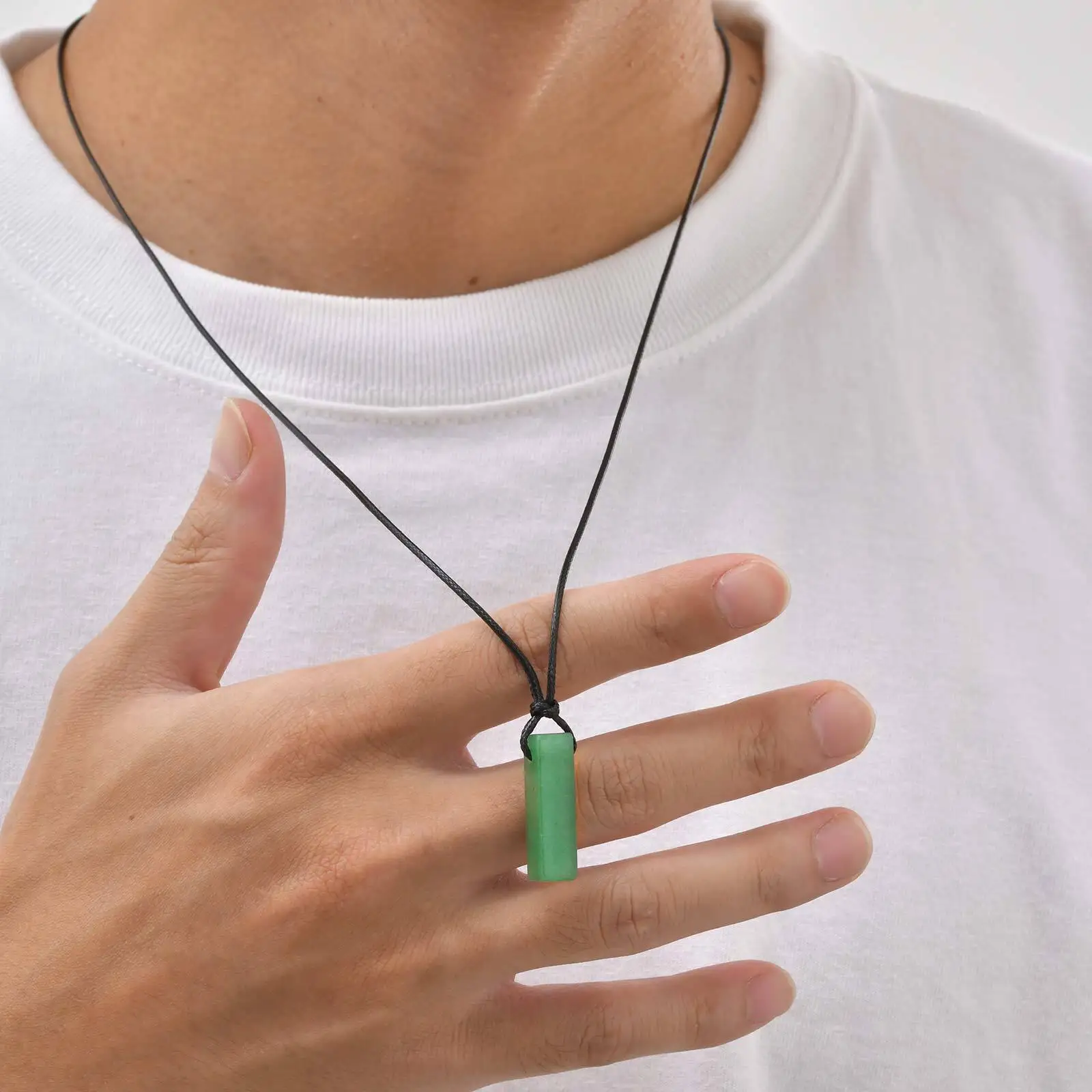 Green Healing Natural Stone Necklace for Men,Cylinder Pendant with Black Leather Long Wax Rope Collar,Sweater Chain Gift