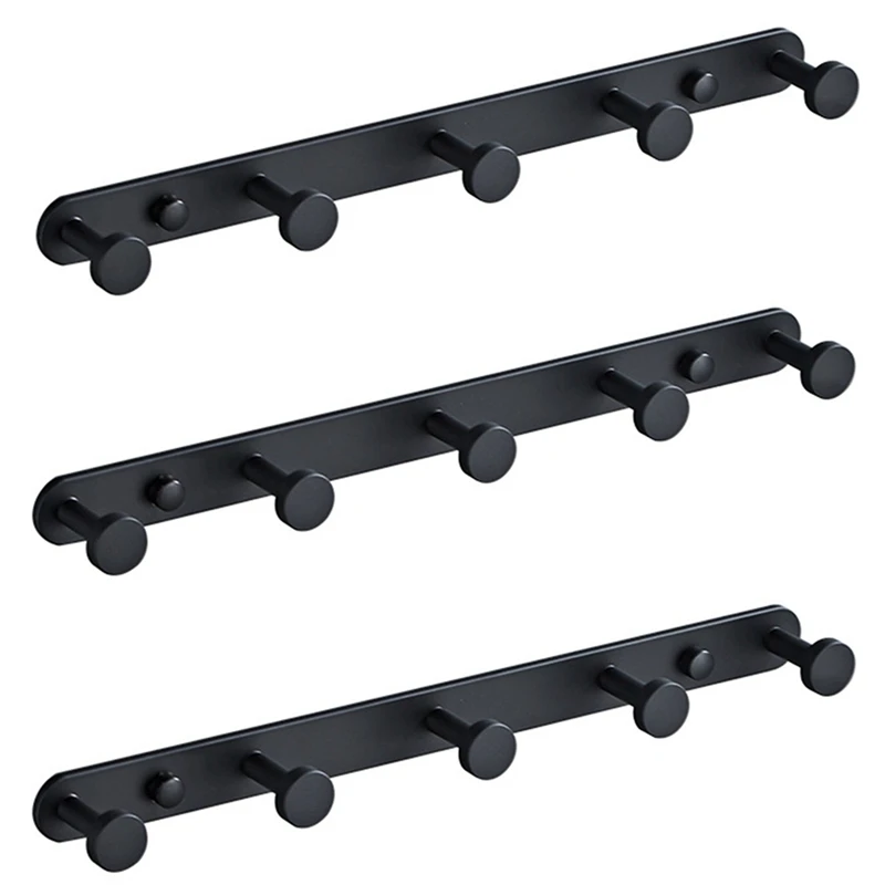 

3X Towel Hook Rack Matte Black, Space Aluminum Bathroom Hook With 5 Hooks, Utility Kitchen Towel Rack, Wall Mount
