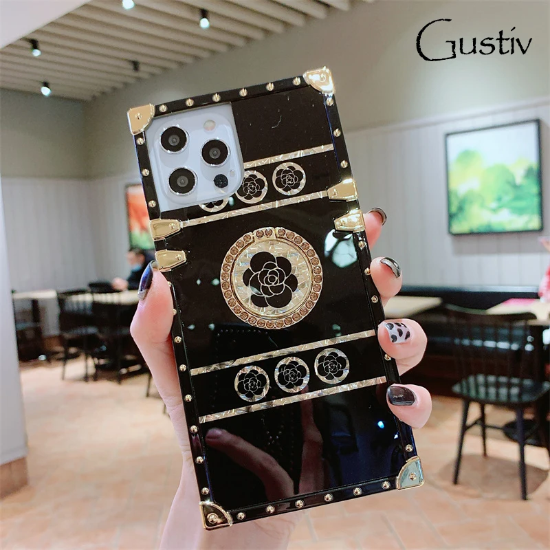 

Phone Cases For iPhone 11 12 Mini 13 14 Pro XR X XS Max Case 7 8 6 Plus Luxury Floral Square TPU Back Cover Coque Holder Ring