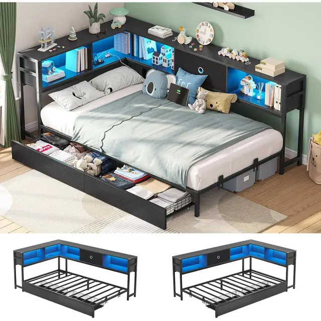 Twin Bed with Storage Drawers, Bookcase, Charging Station, LED Lights, and Daybed for Kids & Teens in Black