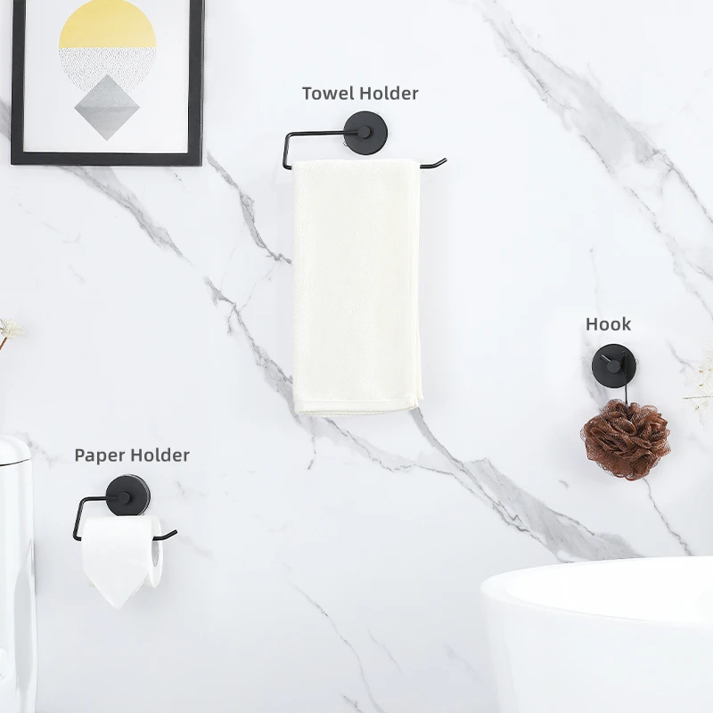 Toilet Accessories Vacuum Suction Cup Robe Hook Towel Rail Rack Roll Paper Holder Reusable Bathroom Hardware Holder Black Silver