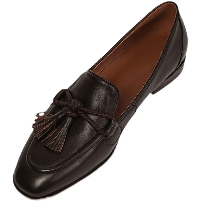 2024 trend Retro British Style Square Head Women's Loafers Shoes Summer Style Tassel Comfortable Single Shoes Women Brown Shoes