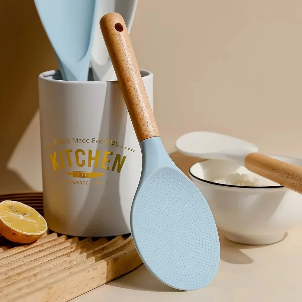 Eco-friendly Silicone Rice Spoon Wooden Handle Non-stick Rice Cooker Shovel Food Cooking Scoop Kitchen Accessories