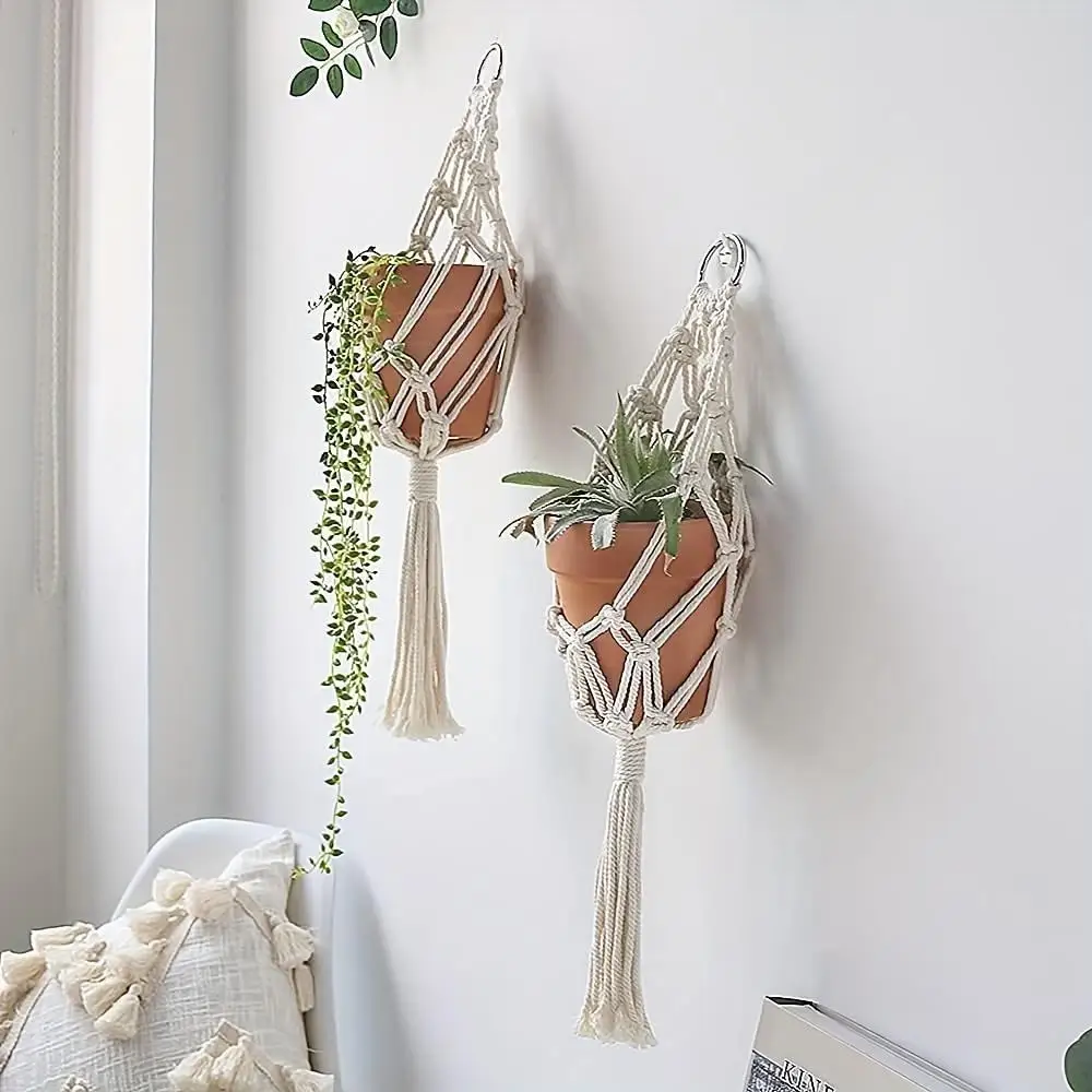 Boho Chic Handcrafted Macrame Plant Hangers - Set of 2 Rope Baskets for Indoor & Outdoor Decor, Geometric Wall Art