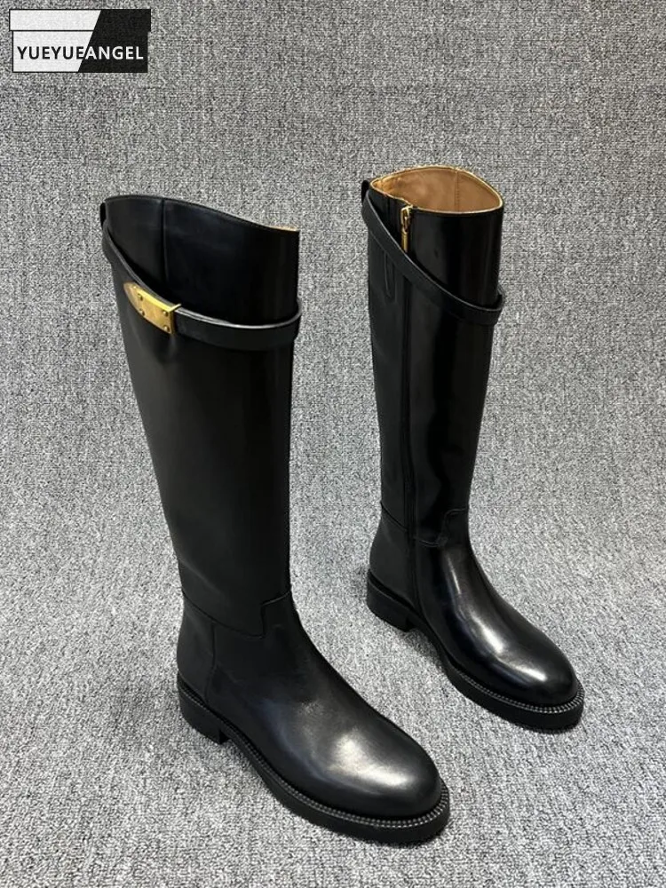 British Style Women Buckle Knee High Riding Boots Winter Fleece Lining Cowhide Genuine Leather Shoes High Top Knight Boots