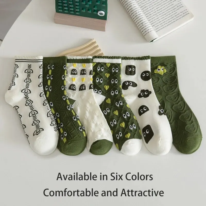 Womens Socks 5 Pairs of Women's Spring and Summer Four-season Green Fun Eyes Personalized Cartoon Comfortable Mid-calf Socks