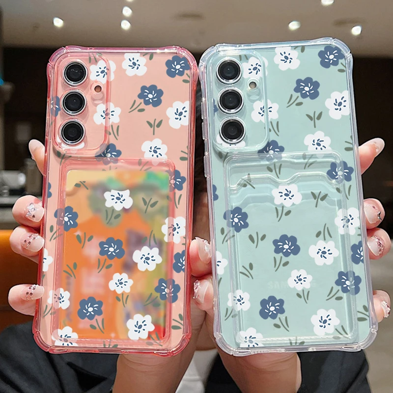 Blue & White Floral Card Wallet Phone Case - TPU Protective Cover