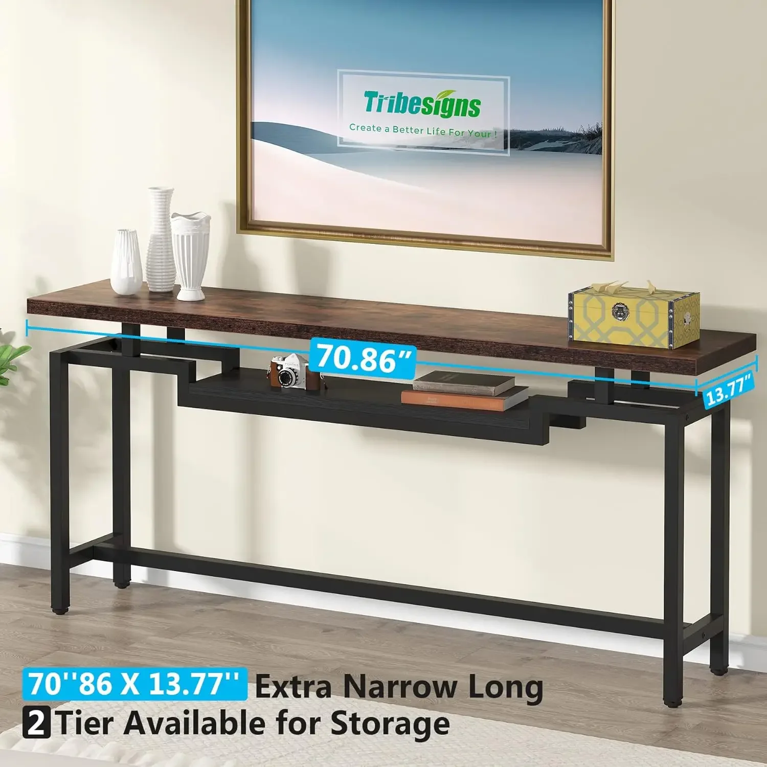 70 inch Sofa Table, Narrow Long Console Table with 2 Tiers, Industiral TV Console Behind Couch Table with Storage for Entryway, 3