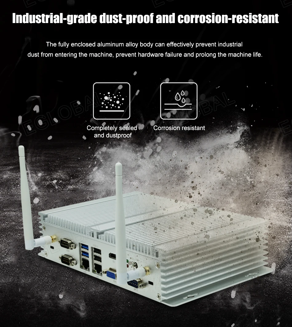 Eglobal Industrial Fanless Mini PC with I5 6300U, I7 10510U, Windows 7/8/10, VPN Router, VGA, HDMI, 4G, WiFi, BT Description Image.