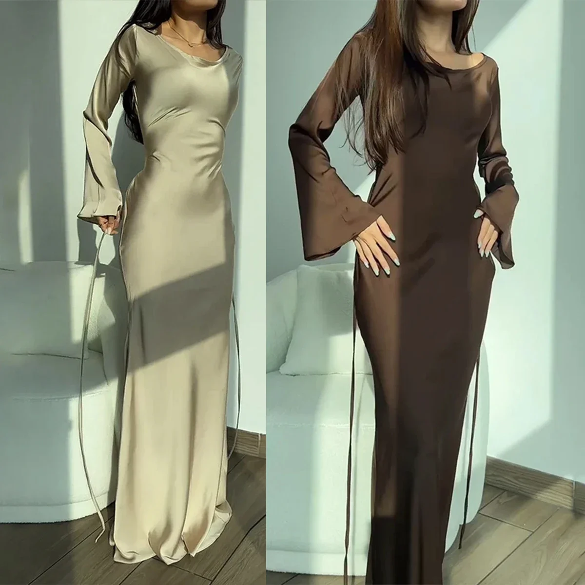 

Women Bodycon Mermaid Dresses Sexy Elegant 2024 Fashion O Neck Vintage Flare Sleeve Satin Dress Female Solid Long Vestidos