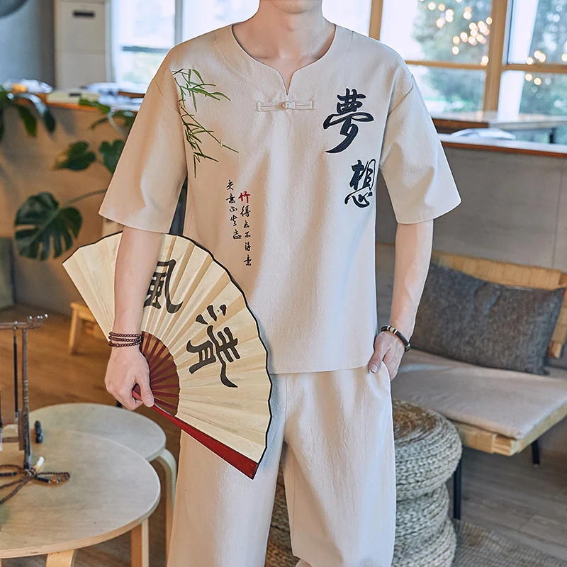 

Мужские повседневные брюки и рубашка, повседневные штаны и футболка из хлопка и льна, осень 100%