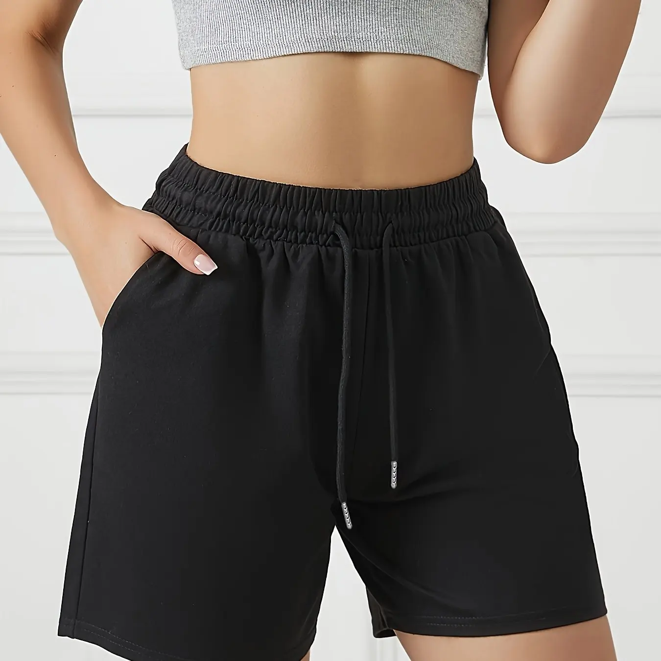 Ladies' Front Pocket Waist Drawstring Sports Pants for Casual Running and Exercise, Pure Cotton Shorts 2