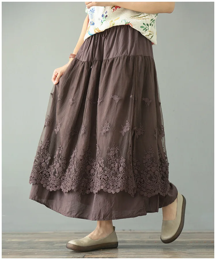 white skirt French Long Skirt Ankle Retro Double Mesh Yarn Loose Embroidery A-Line skirt RV474 summer skirts