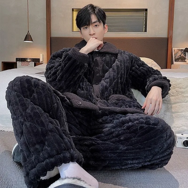 Men New Pajamas Autumn Winter 3-layer Cotton Sleepwear Youth Coral Velvet Thicken Plush Loungewear Flannel Warm Home Clothes Set