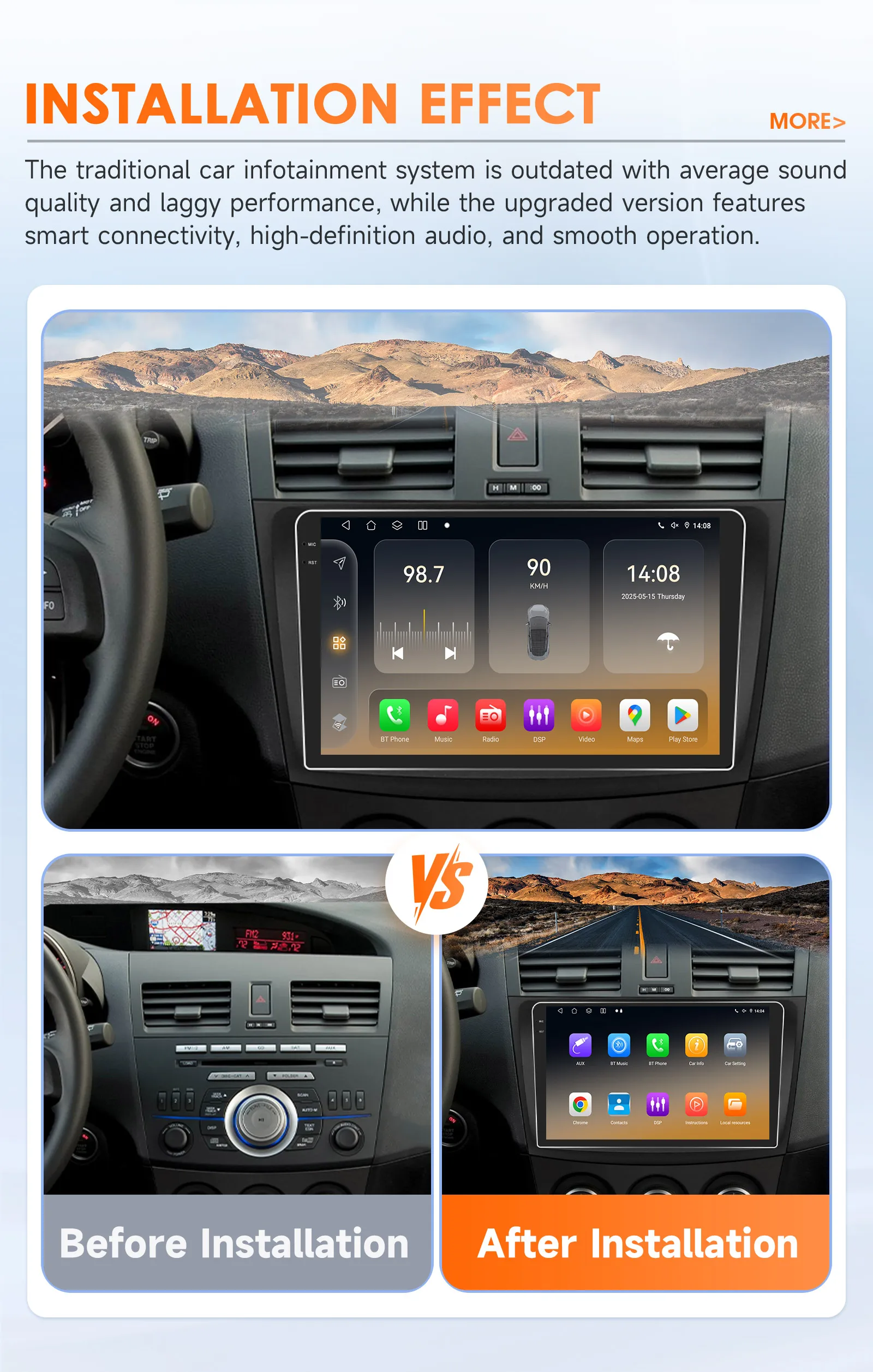 OSSURET - Unidad Principal para Auto Android 14 de 9 Pulgadas, Conexión Rápida, para Mazda 3 2010-2013, con Qualcomm Snapdragon 6115 Octa Core, CarPlay Inalámbrico, Android Auto, Bluetooth, Manos Libres, Estéreo, Mirror Link, DSP, CANBUS, GPS, Navegación, Autoradio, Sistema Inteligente para Auto 4