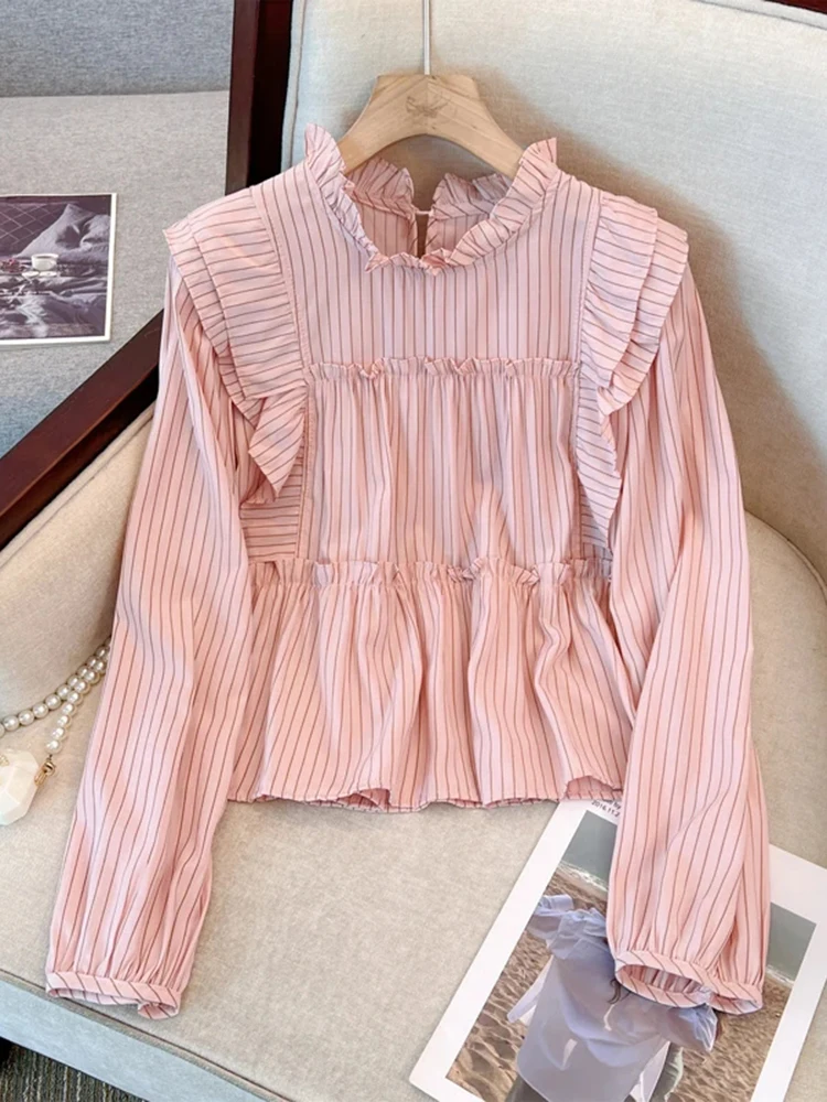 Sweet Ladies Elegant Blouse Female French Vintage Vertical Striped Loose Women Blouse Pink White Chicly Ruffles Collar New Top