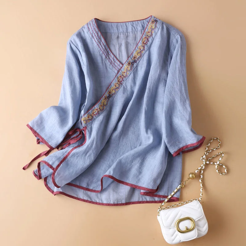 New Modern Chinese Tops Women Loose Ethnic Style V-Neck Cotton Linen Embroidery Female Tang Suit Coat Hanfu shirt woman