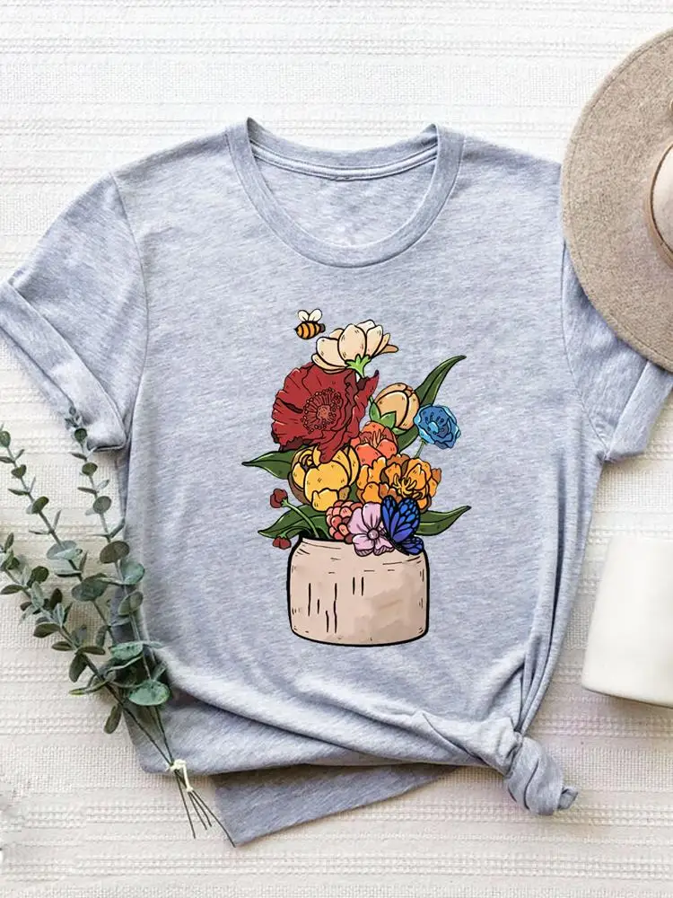 Short Sleeve Graphic T-shirt Women Summer Clothes Clothing Flower Sweet 90s Style Print T Shirt Fashion O-neck Tee Top