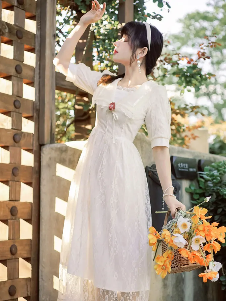

Summer new women's dress girls navy ethos quality show thin lace long dress court wind bow slender dress