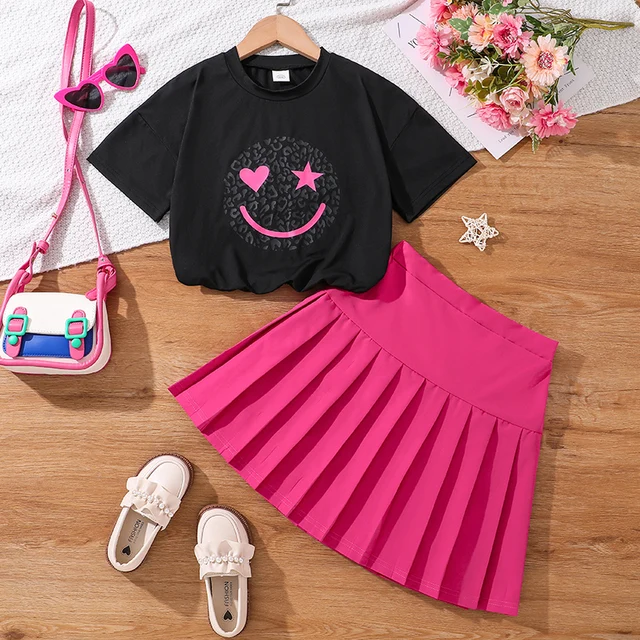 2024 New Children's Fashion Clothes Sets For Kids Girl Black Smiley T-shirt And Rose Red Pleated Skirt High Quality Korean Style 1