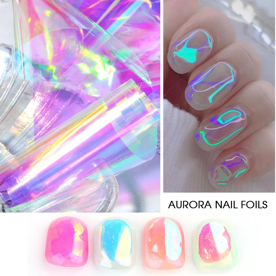 Aurora Nail Foils Shattered Glass Nail Art Marble Holographic Cellophane  Paper Nail Sticker Summer Manicure Clear Design Gl1900 - Stickers & Decals  - AliExpress