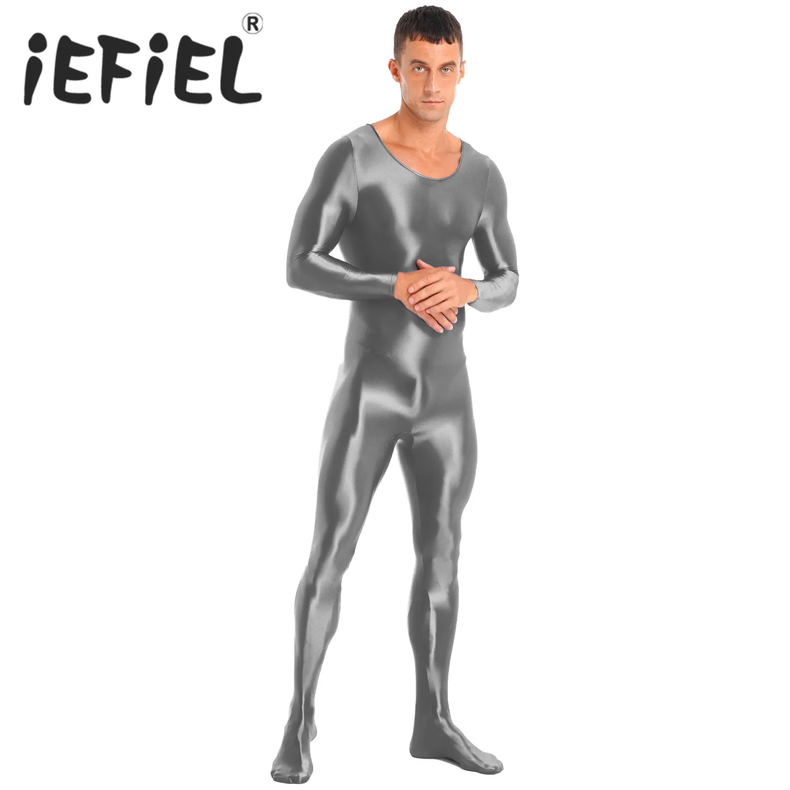 Mens Smooth One Piece Jumpsuit Sports Gymnastics Workout Fitness Romper Long Sleeve Bodystocking Nightwear Round Neck Bodysuit