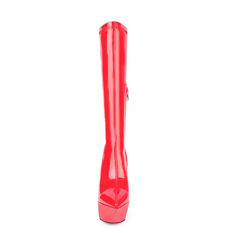 

Fashion Knee-High Women Boots New Patent Leather Pointed Toe Platform Boots Sexy 15cm High-Heeled Mid-Tube Elastic Boots
