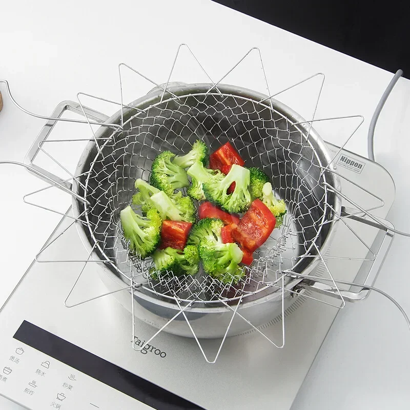 Foldable Fry Basket Multifunction Steam Rinse Strain Drainer Basket Mesh Basket Strainer Vegetable Washer Basket Kitchen Gadget