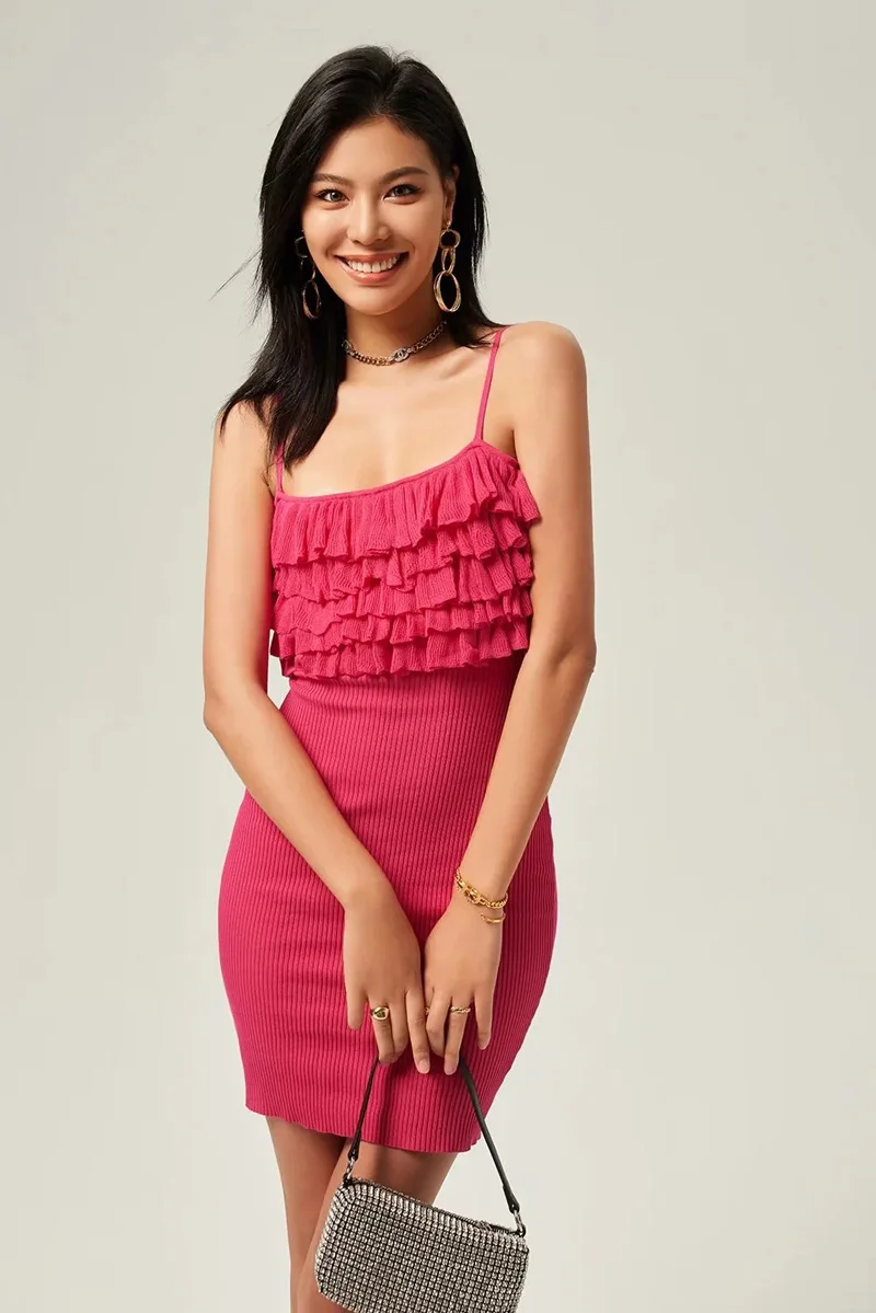 Women’s Center Bodice Frill Detail Knitted Cami Mini Dress