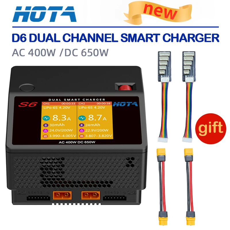 HOTA 듀얼 채널 스마트 초소형 충전기, Lipo LiHV LiFe LiIon NiZn NiCd NiMH 배터리용 ADP 포함, S6, AC400W, DC650W, 15A