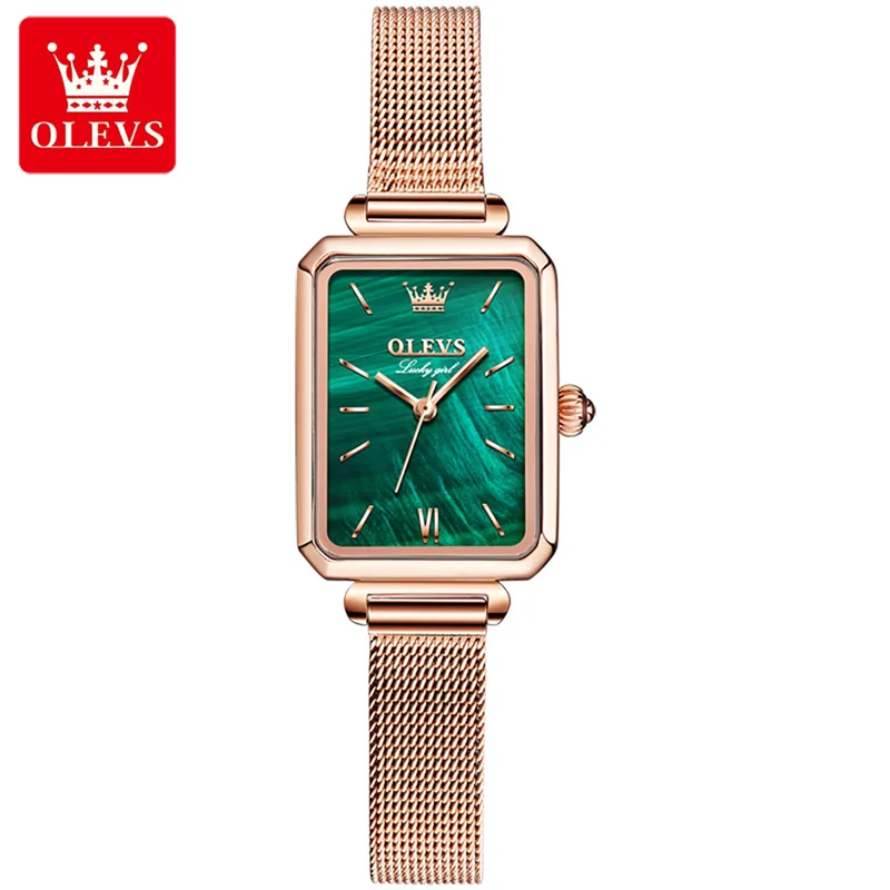 

OLVES New Fashion Green Quartz Watch for Women Luxury Rose Gold Stainless Steel Mesh Strap Women Dress Watch Relogio Feminino