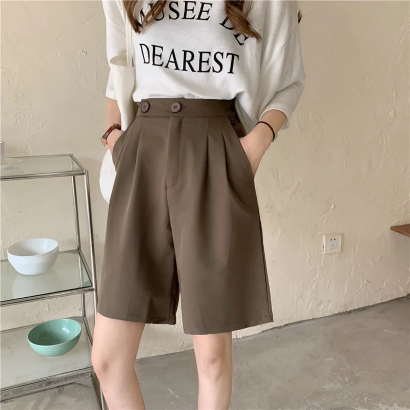 Loose Casual Straight High Waist Shorts with Front Pleats Thin Streetwear Summer Clothes for Women  New Fashion Suit Shorts