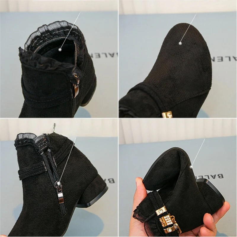 Black Ankle Boots with Rhinestone Buckle for Girls