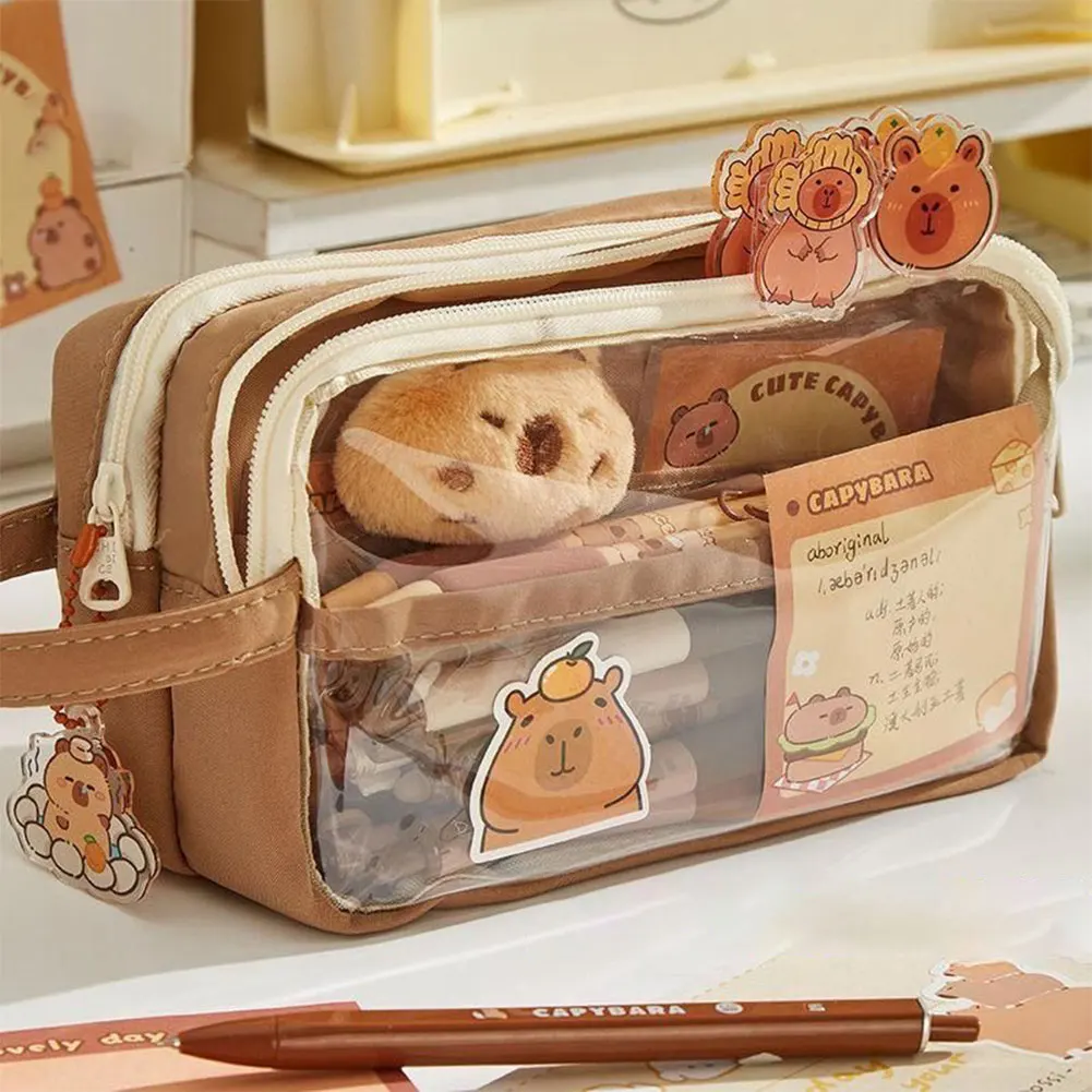 Capybara Kawaii Pencil Case Clear Pen Bag with Compartments Pencil Pouch with Sticker Pendant for Office College School