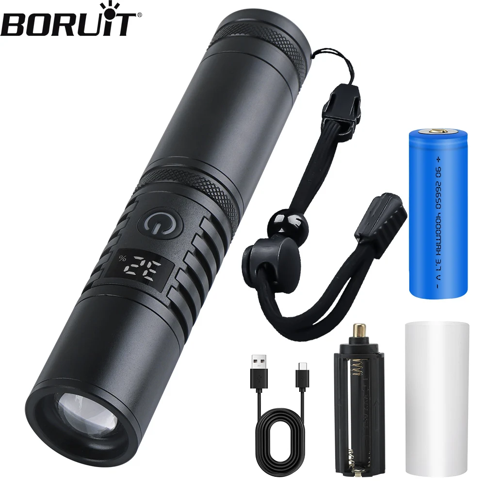 

BORUIT Led Zoom Flashlight 1000LM Aluminum Alloy Tactical Hunting Torch Type-C Rechargeable Flash Light with Digital display