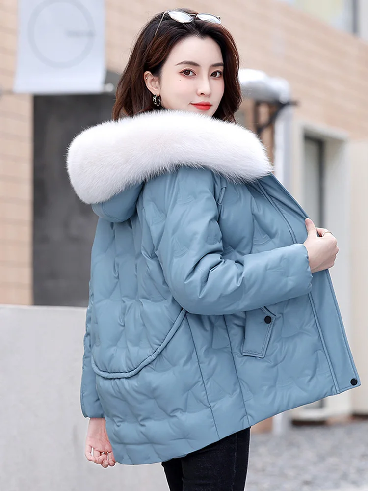 New Women Sheep Leather Down Jacket Winter Fashion Hooded Real Fox Fur Collar Thicken Warm Leather Coat Casual Loose Topscoat