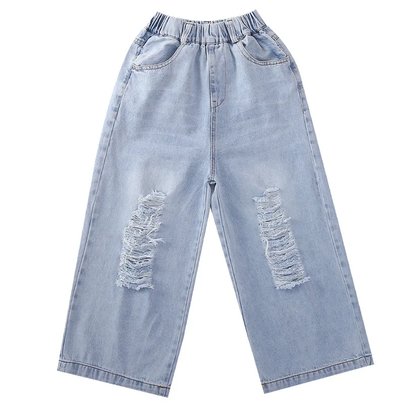 Jeans rasgado para meninas, calças soltas, calças jeans, roupas