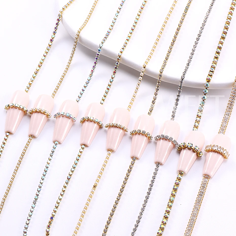 6pcs/set Gold Silver Rhinestones Claw Nail Chain Nail Stone Beads Chain DIY Manicure Press on Nails Charm Jewelry Accessories