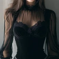 Chemisier en maille Vintage pour femmes, élégant, col haut, garniture en dentelle, manches longues, Corset en velours, haut à la mode, chemisiers gothiques décontractés 4