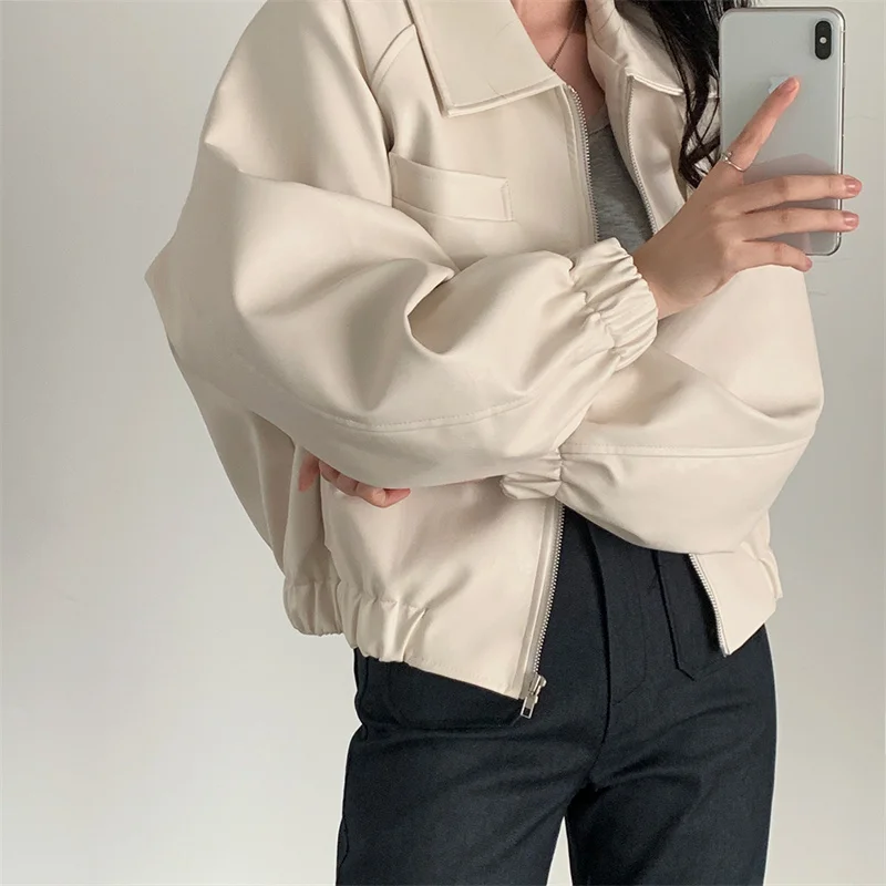 South Korea 2024 Autumn Niche Western Style Lapel Casual Versatile Solid Color Long Sleeved Short PU Leather Jacket for Women WF