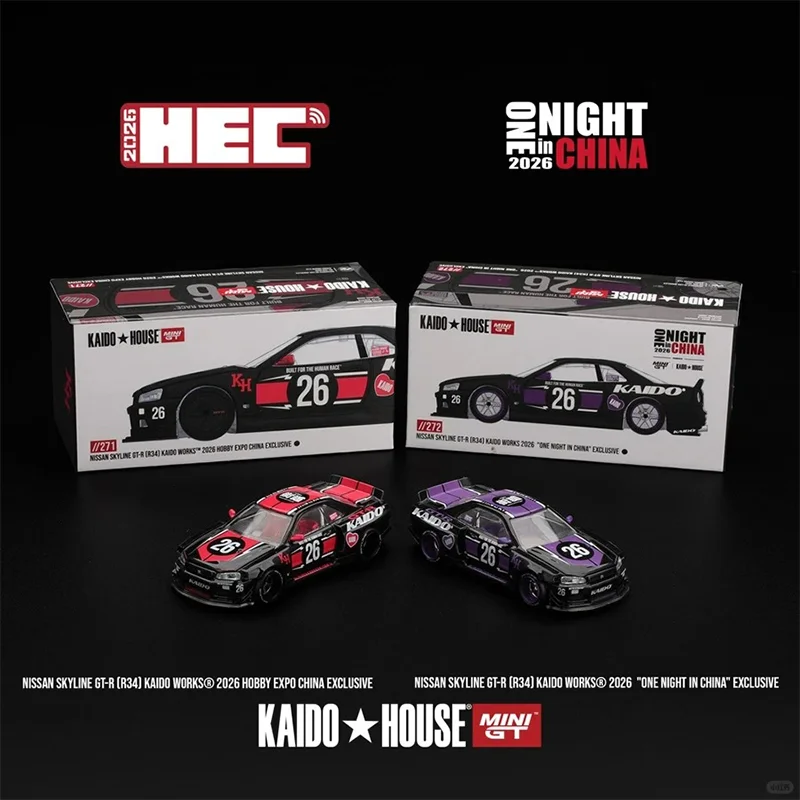 새로운 1:64 카이도 하우스 미니GT 2026 HEC 스카이라인 GT-R [R34] 카이도 웍스 합금 자동차 모형 시뮬레이션 합금 다이캐스트 자동차 모형 장난감