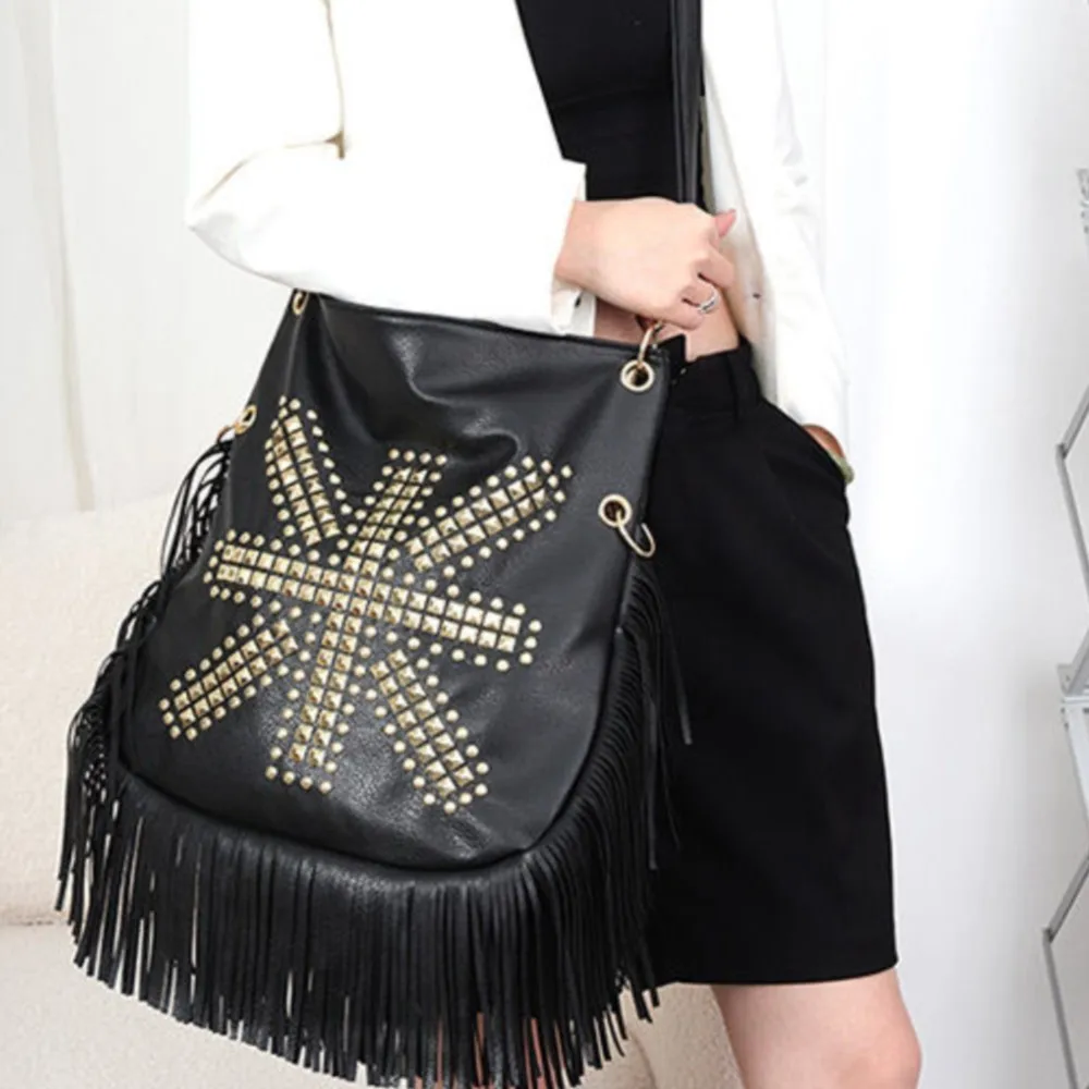JIAERDI Vintage Beading Black Handbag Women Large Capacity Tassel Casual Shoulder Bags Female Retro Soft Leather Handbags Purse