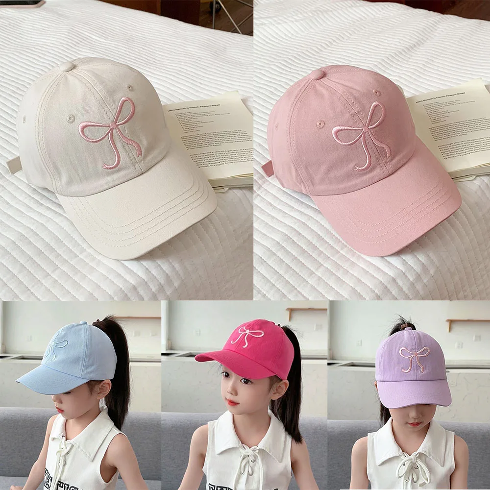 Fashion High Ponytail Kids Sun Hats Pink Bow Embroidery Baseball Caps Adjustable Solid Travel Caps Baby Children Peaked Hat baseball cap baby sun hat outdoor sun hat