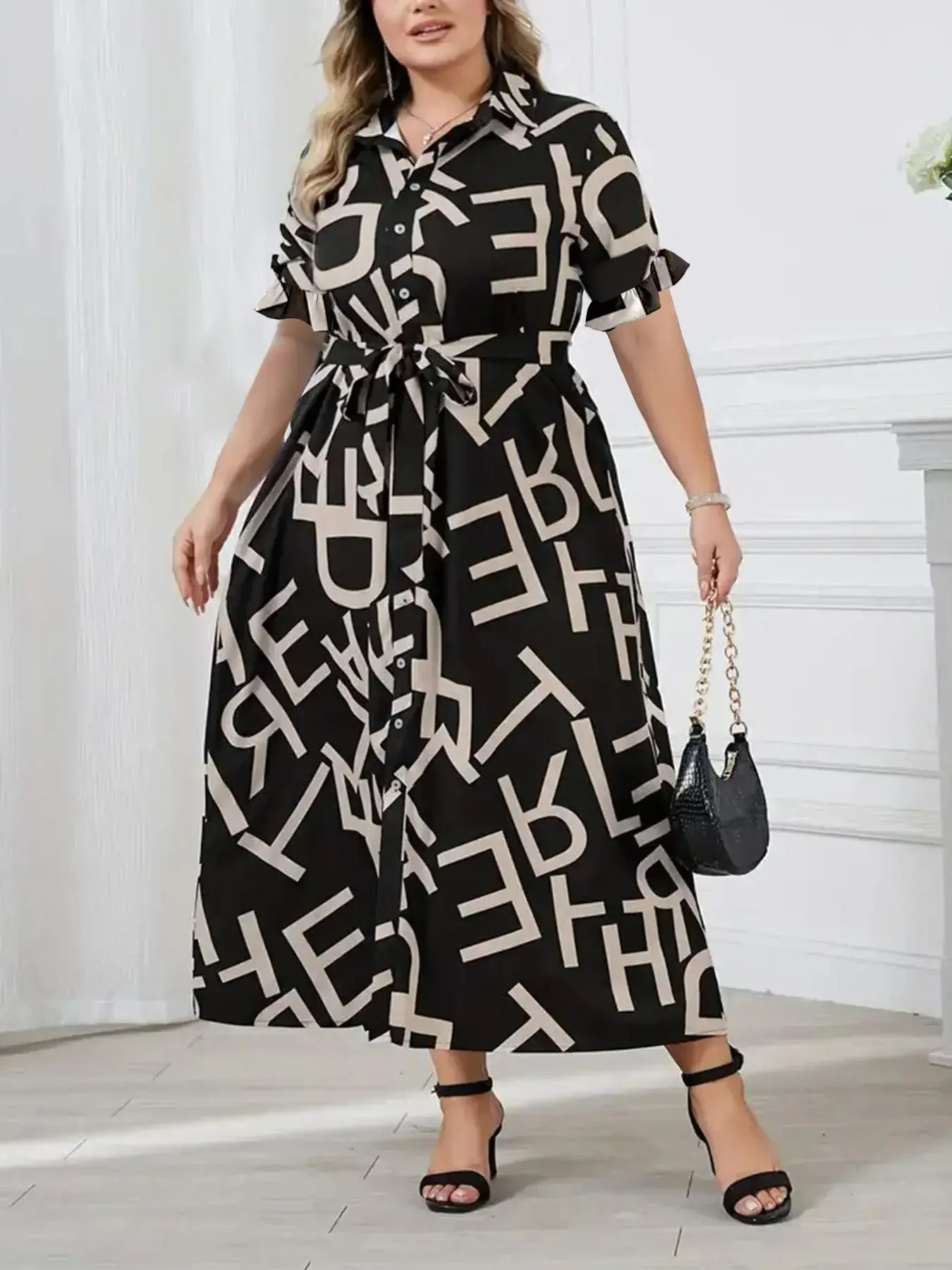 Hi Curvy Plus Size Women Letter Print Fit & Flare Maxi Dress Made In USA main image 0