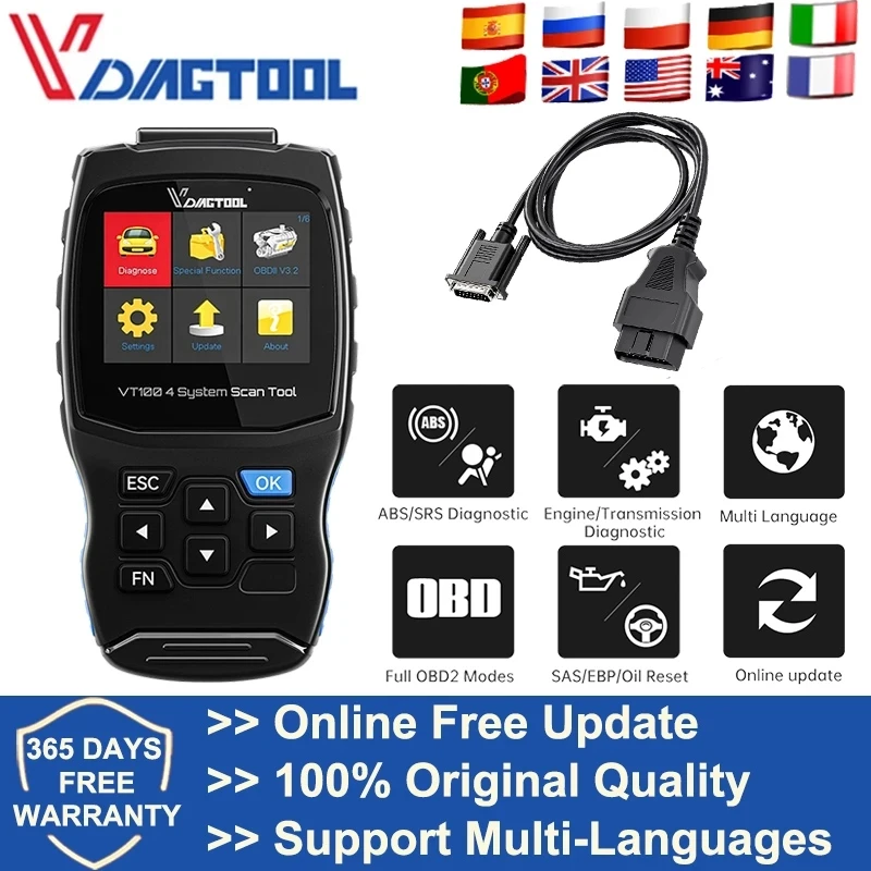 New VDIAGTOOL VT100 Engine Analyzer ABS SRS Transmission OBD2