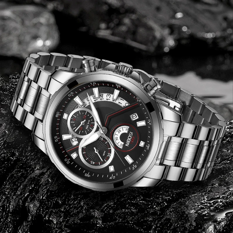 NIBOSI Fashion Mens Watches Top Brand Luxury Stainless Steel Waterproof Sport Chronograph Quartz Watch for Men Relogio Masculino